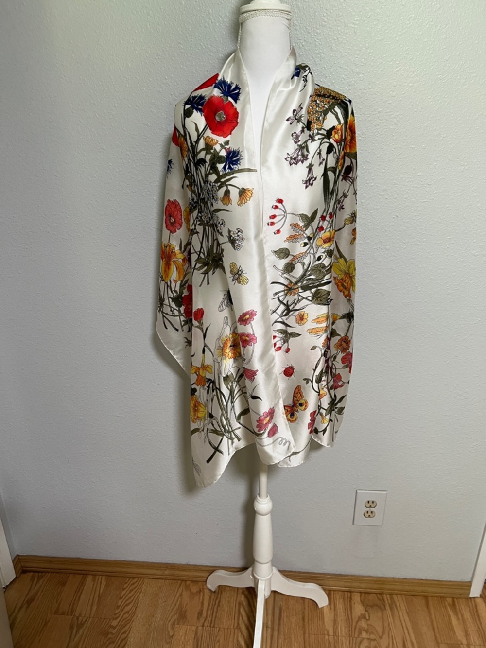 Floral Silk-Look Scarf Wrap in Ivory with Multicolor Blooms